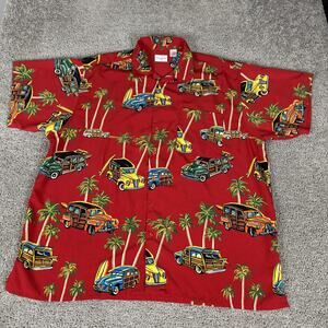 Profile Shirt Mens 3XLT Red Hawaiian Aloha Surf Woody Car Palm Tree Button Front
